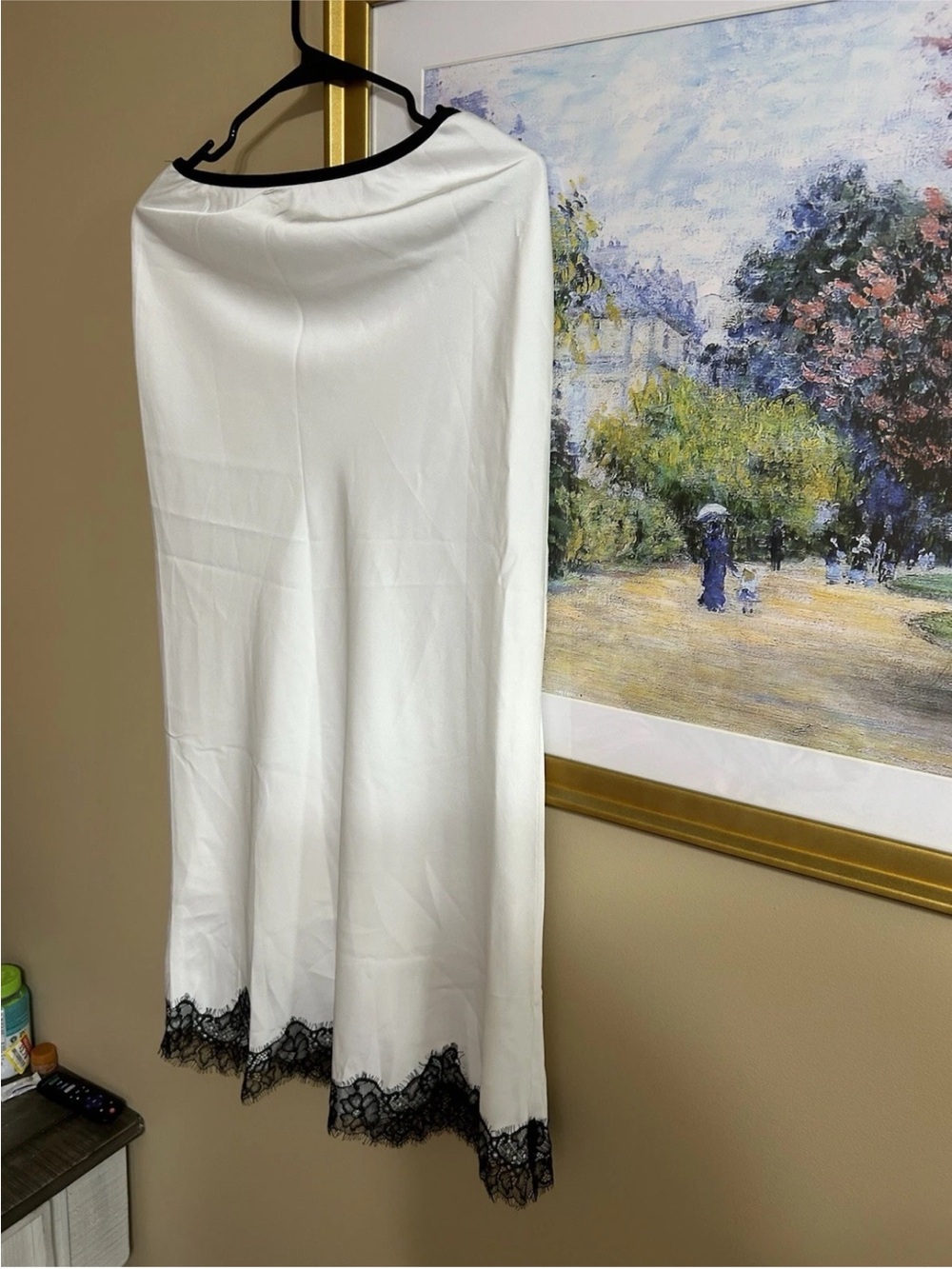 White Maxi Skirt with Black Lace Hem and Waist Trim - Picture 6 of 7